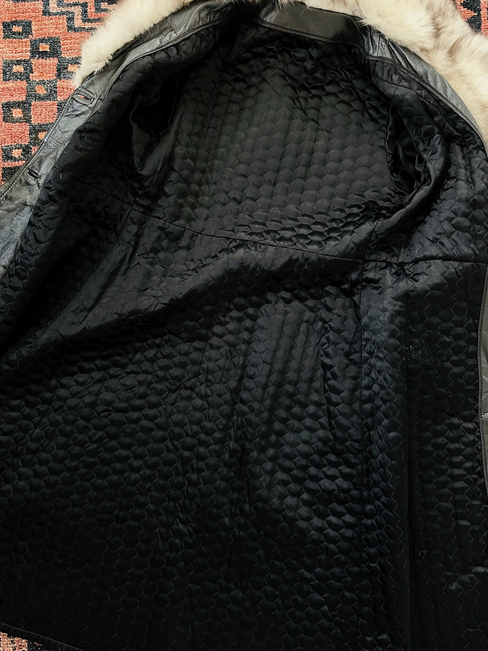 1970s Black High Quality Leather Long Belted Quilted Lining Fur Collar Coat - S/M