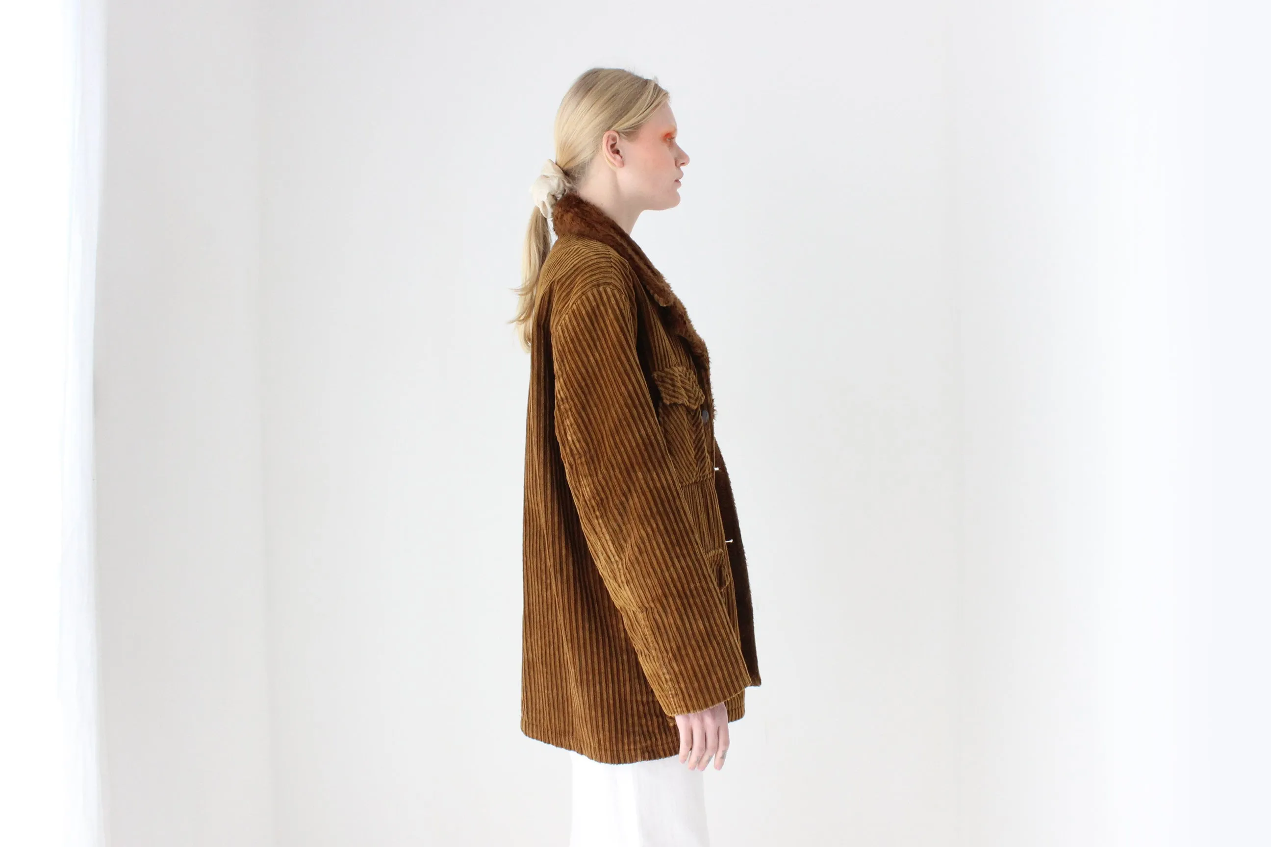 1970s Corduroy & Faux Fur Button Up Coat