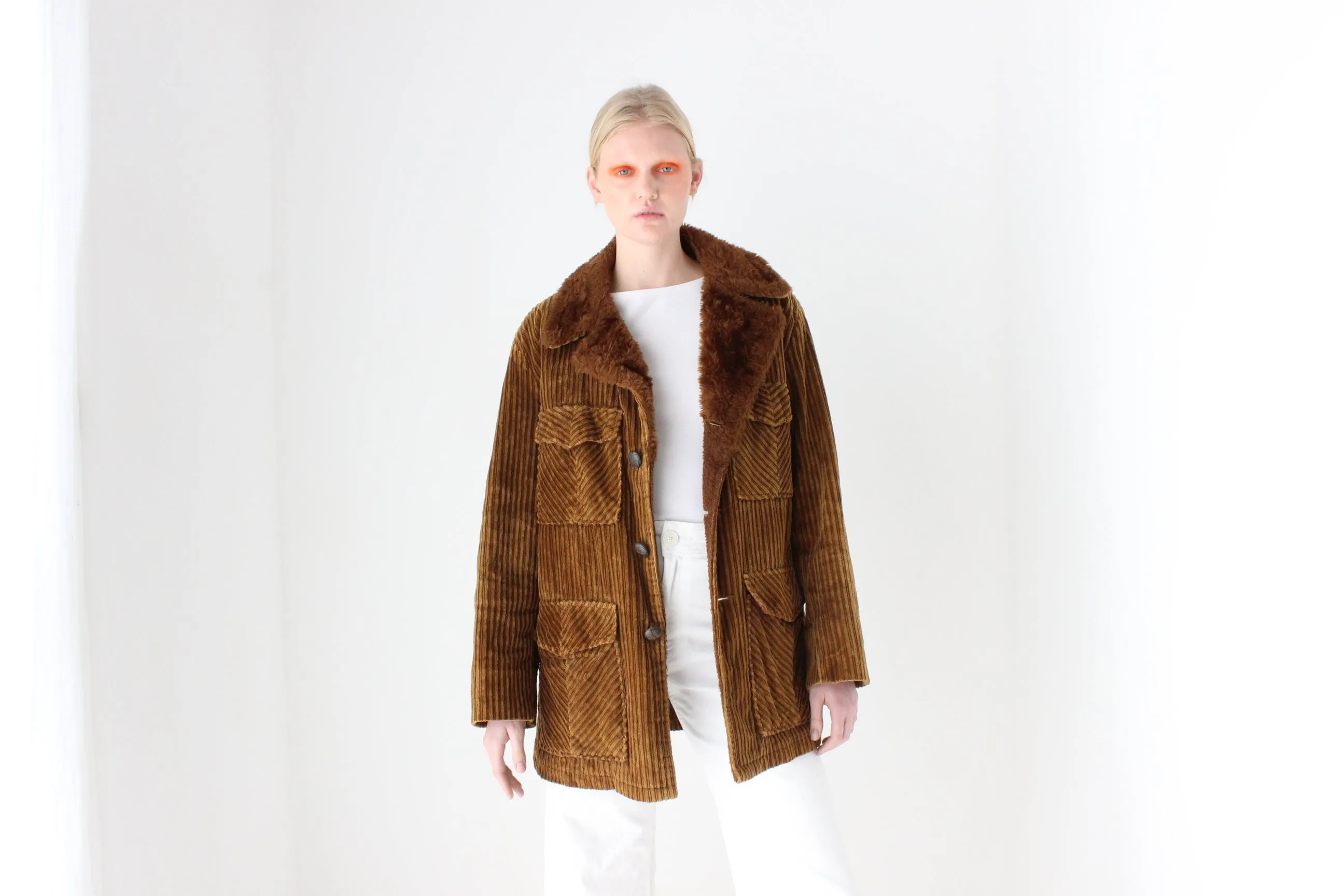 1970s Corduroy & Faux Fur Button Up Coat