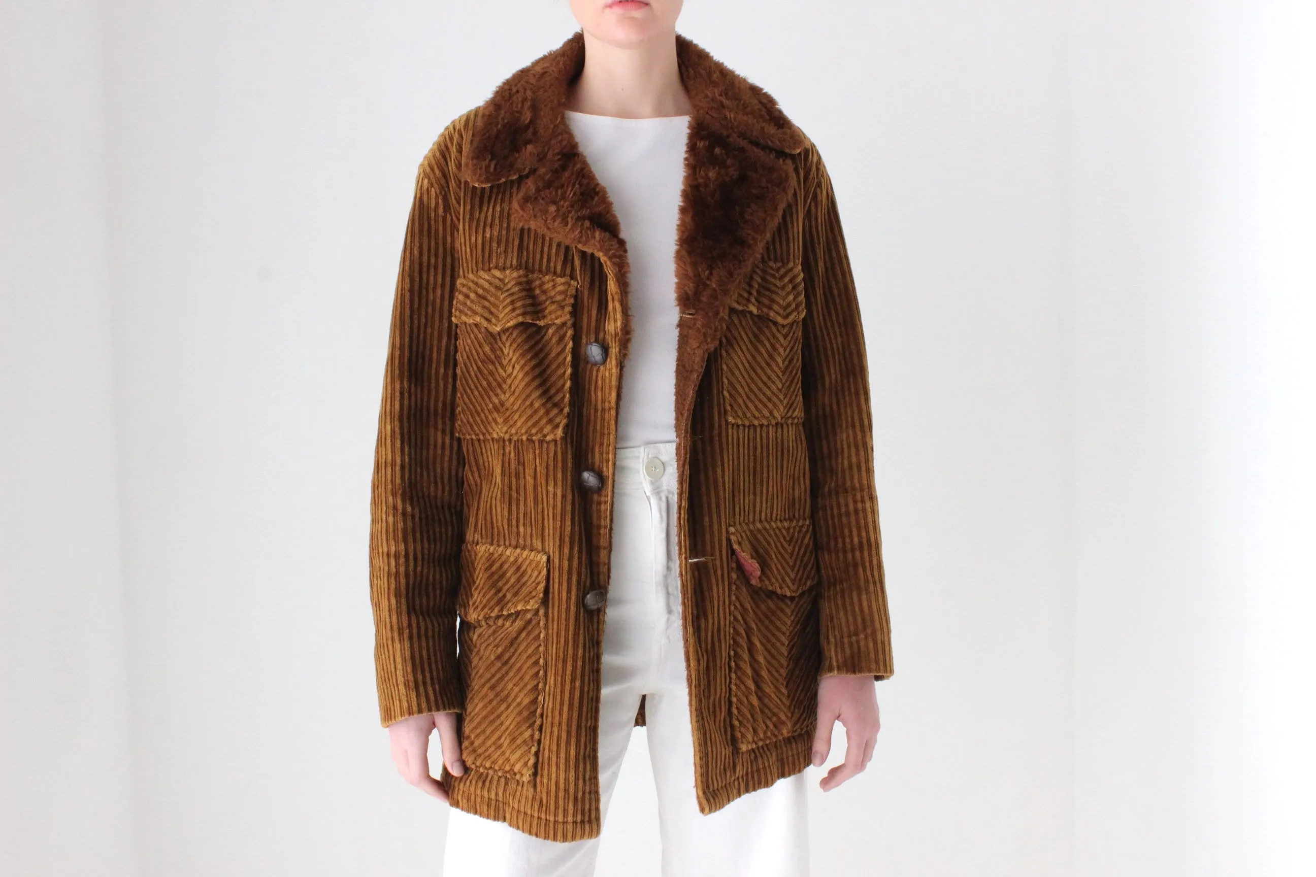 1970s Corduroy & Faux Fur Button Up Coat