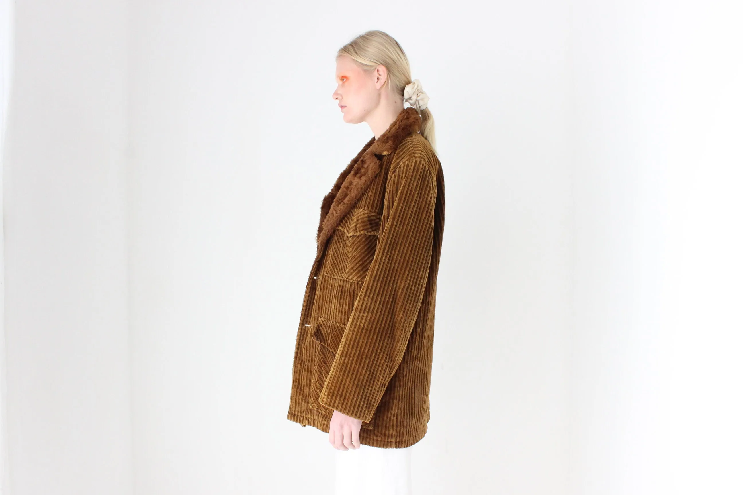 1970s Corduroy & Faux Fur Button Up Coat