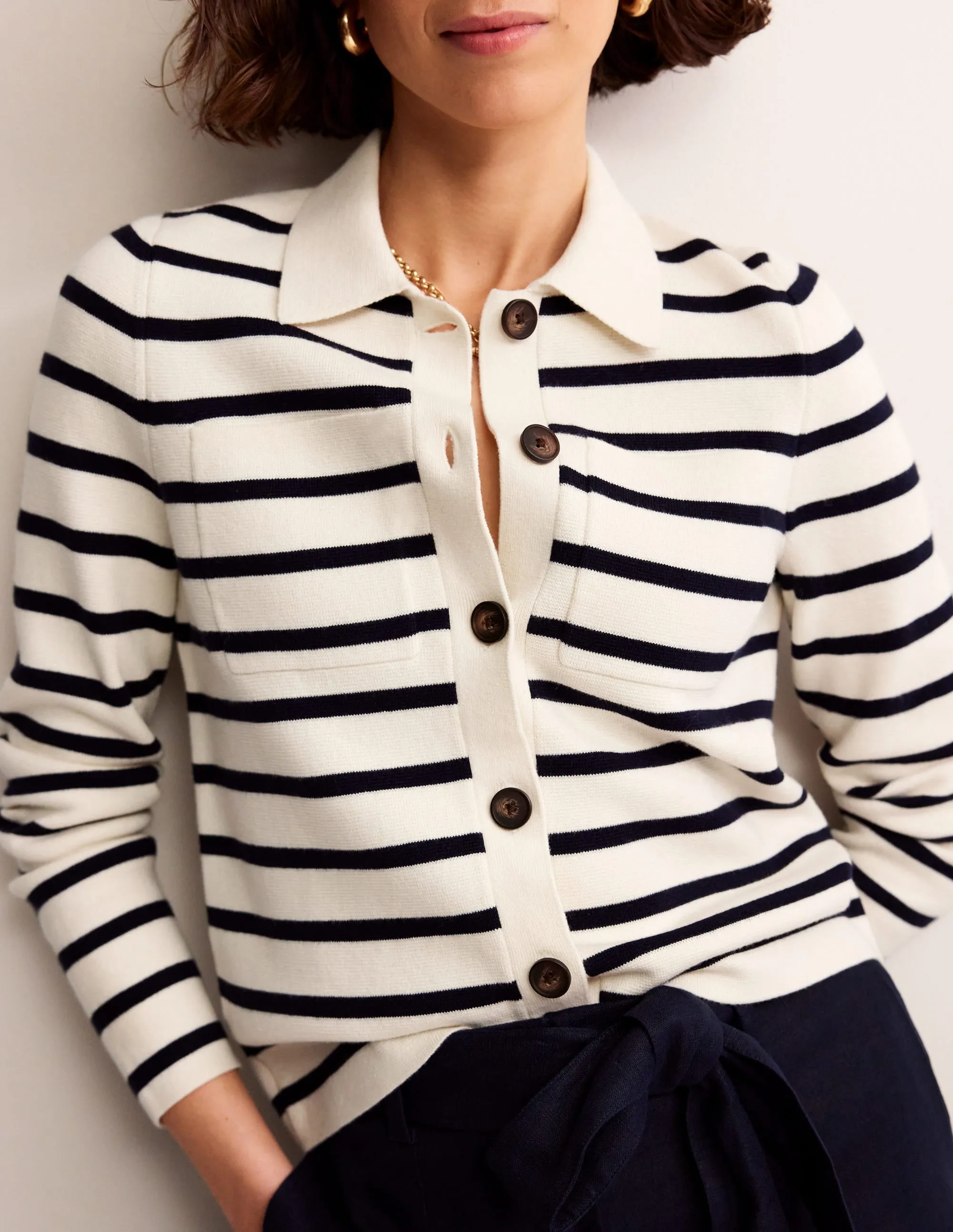 Astrid Knitted Shirt-Warm Ivory/ Navy