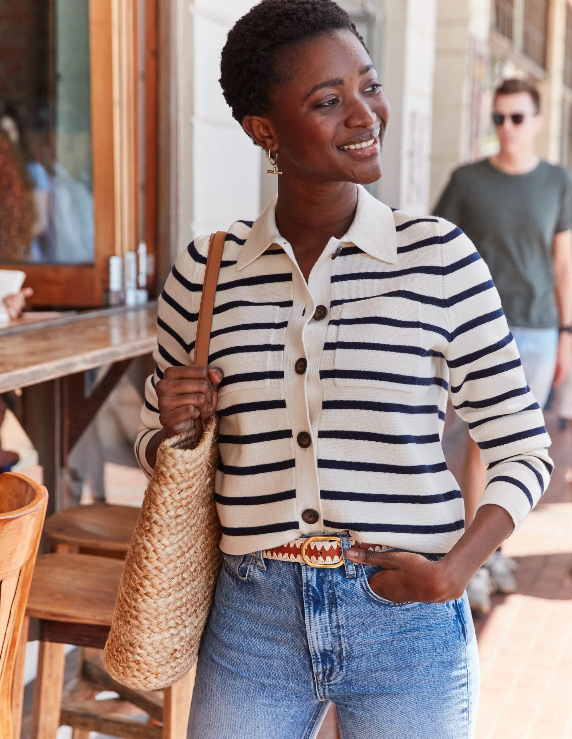 Astrid Knitted Shirt-Warm Ivory/ Navy