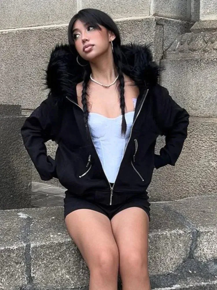 Black Faux Fur Collar Cropped Hoodies Women Grunge Y2k Zip Up Hooded Sweatshirts Vintage Streetwear Long Sleeve Tops