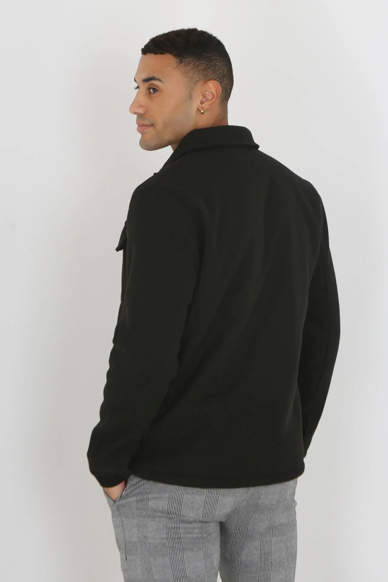 BLACK FAUX WOOL BUTTON THROUGH PADDED SHACKET