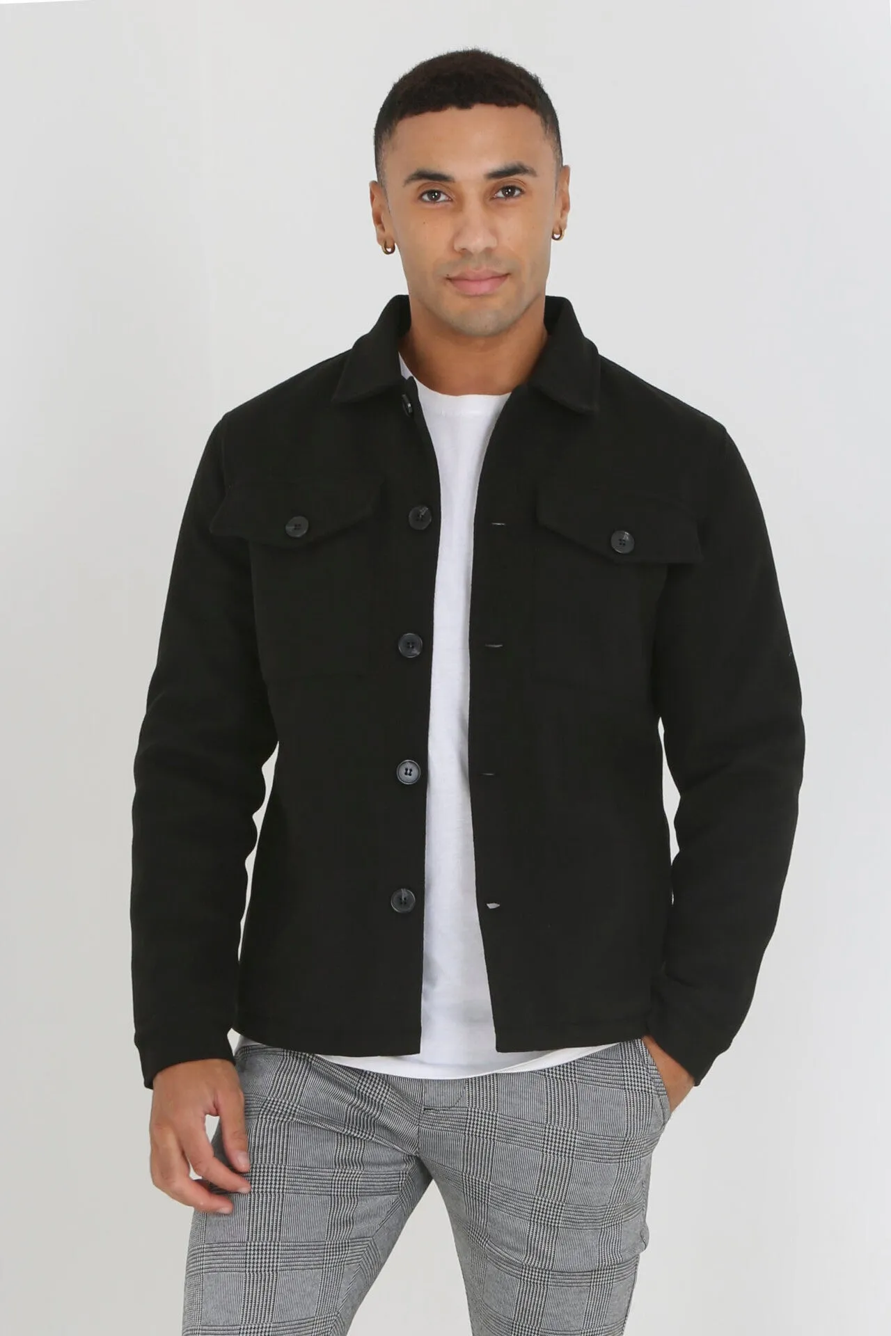 BLACK FAUX WOOL BUTTON THROUGH PADDED SHACKET