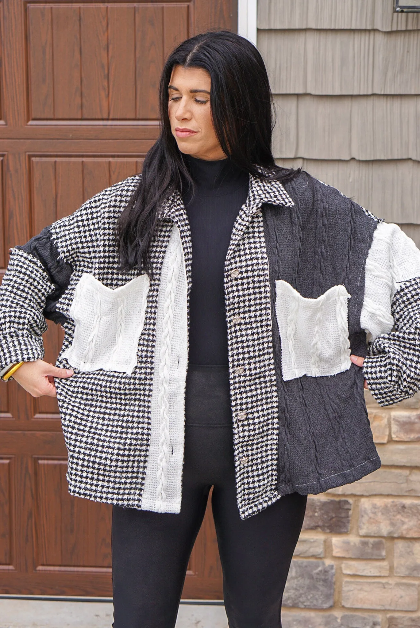 Black Houndstooth Colorblock Sweater Shacket