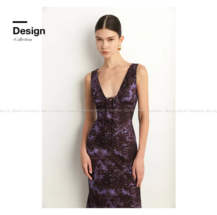 Black Label French holiday Style Purple V Neck Lacetic Sleeveless Dress - Osiiy