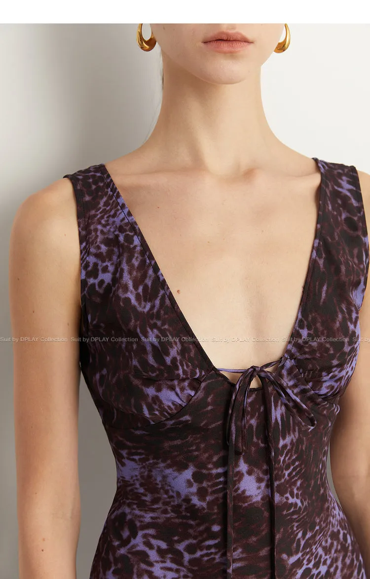 Black Label French holiday Style Purple V Neck Lacetic Sleeveless Dress - Osiiy