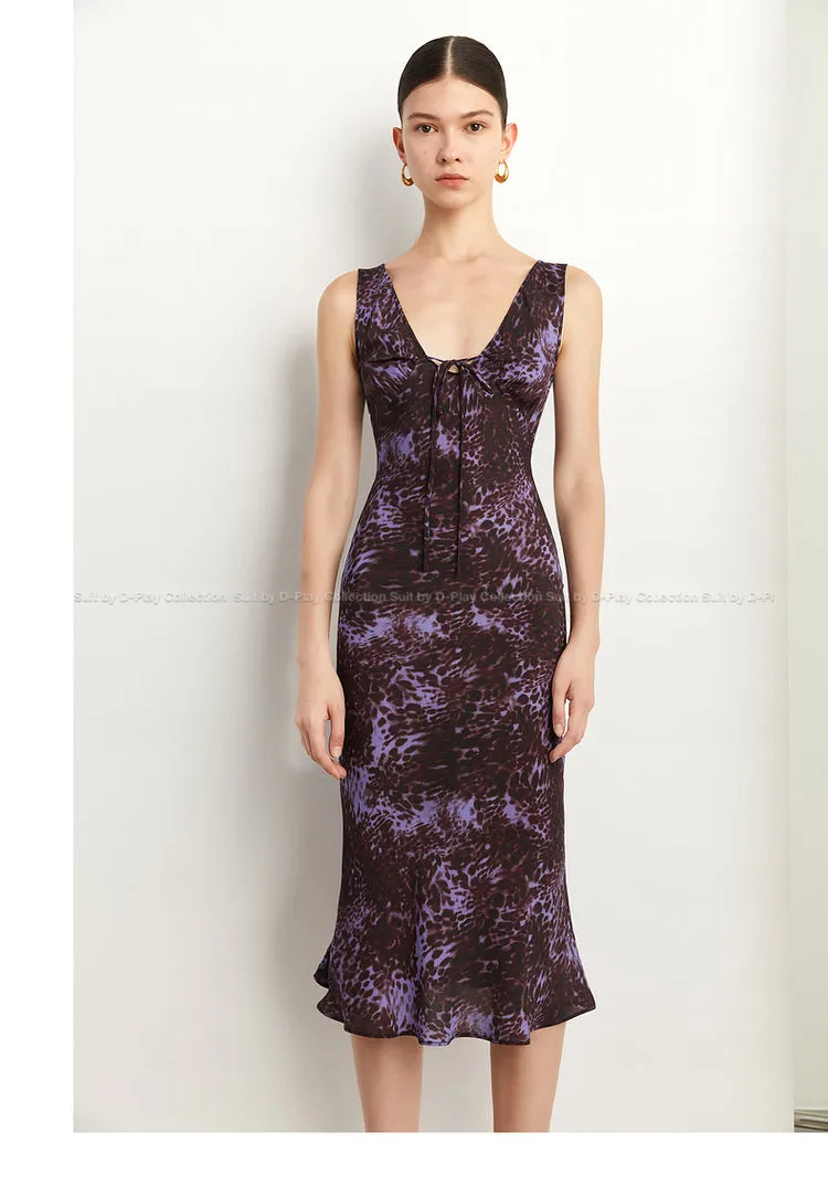 Black Label French holiday Style Purple V Neck Lacetic Sleeveless Dress - Osiiy