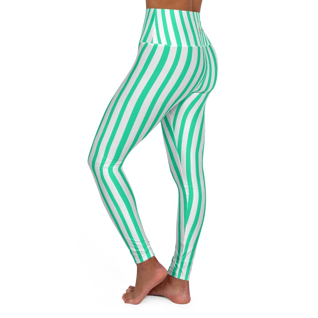 Blue Striped Women's Leggings, Designer Premium Modern High Waisted Yoga Pants-Made in USA