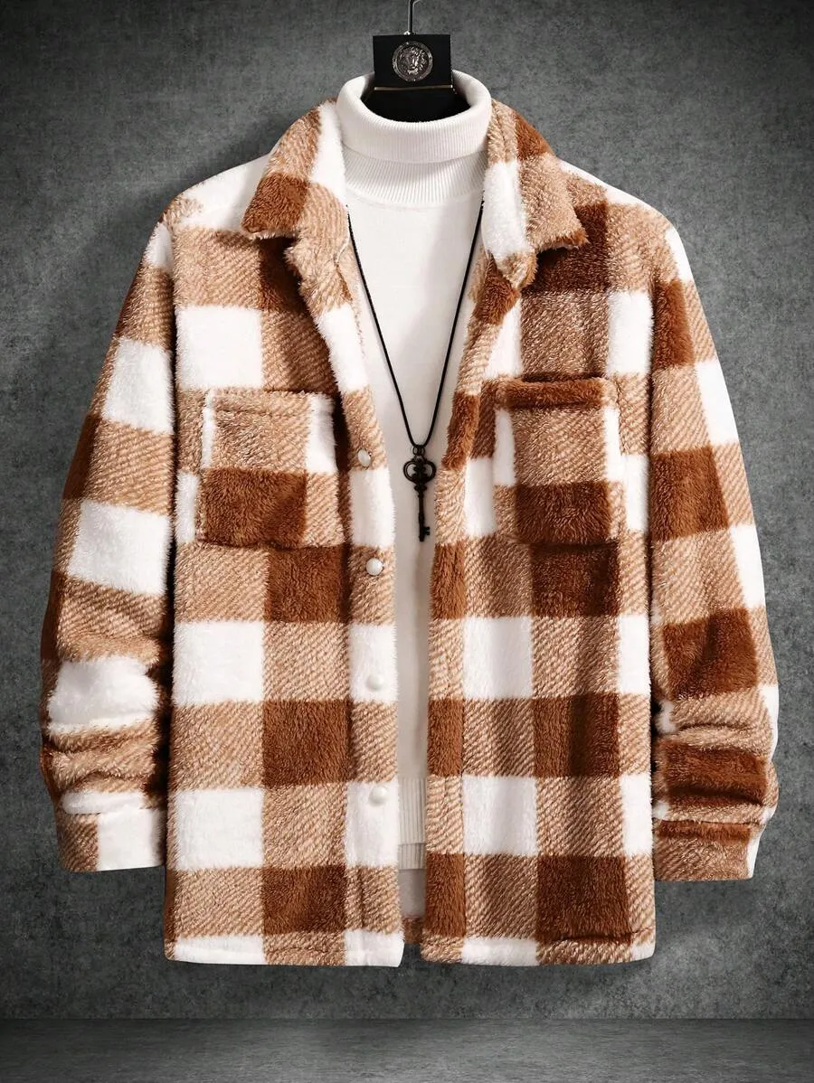 Buffalo Plaid Print Pocket Patched Teddy Shacket