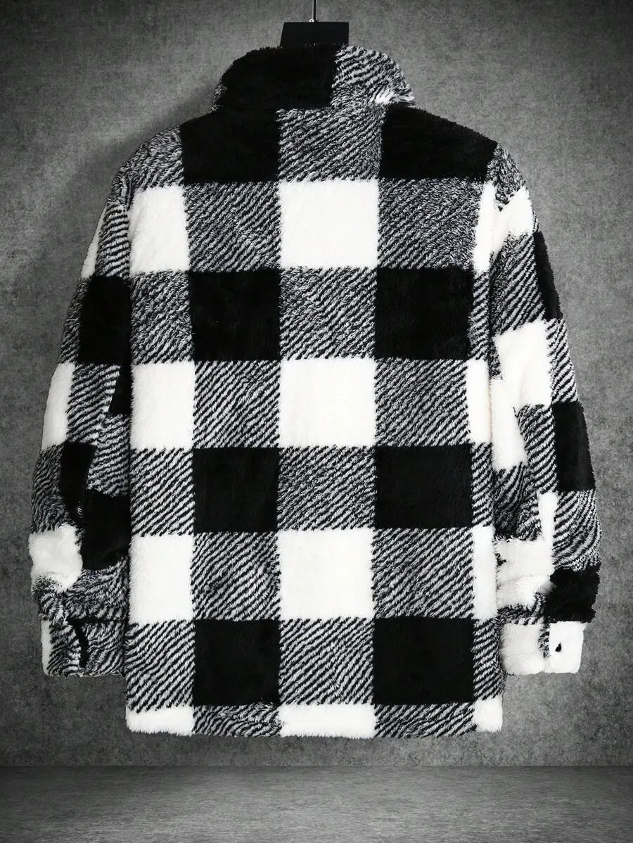 Buffalo Plaid Print Pocket Patched Teddy Shacket