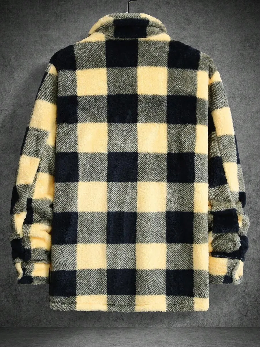 Buffalo Plaid Print Pocket Patched Teddy Shacket