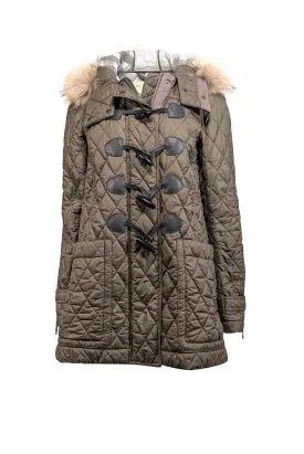 Burberry - Army Green Quilted Coat w/ Fur Trim Hood Sz L