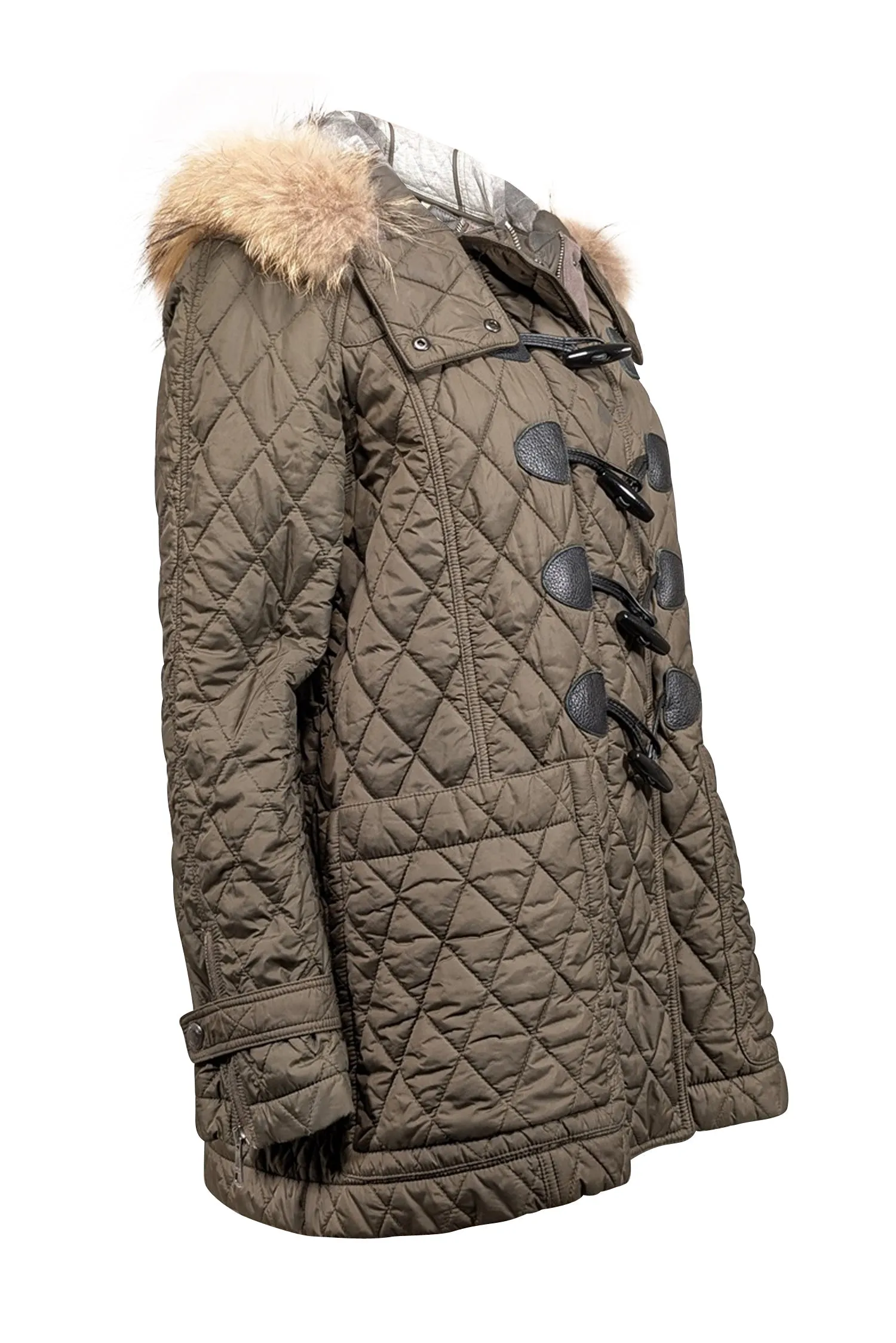 Burberry - Army Green Quilted Coat w/ Fur Trim Hood Sz L