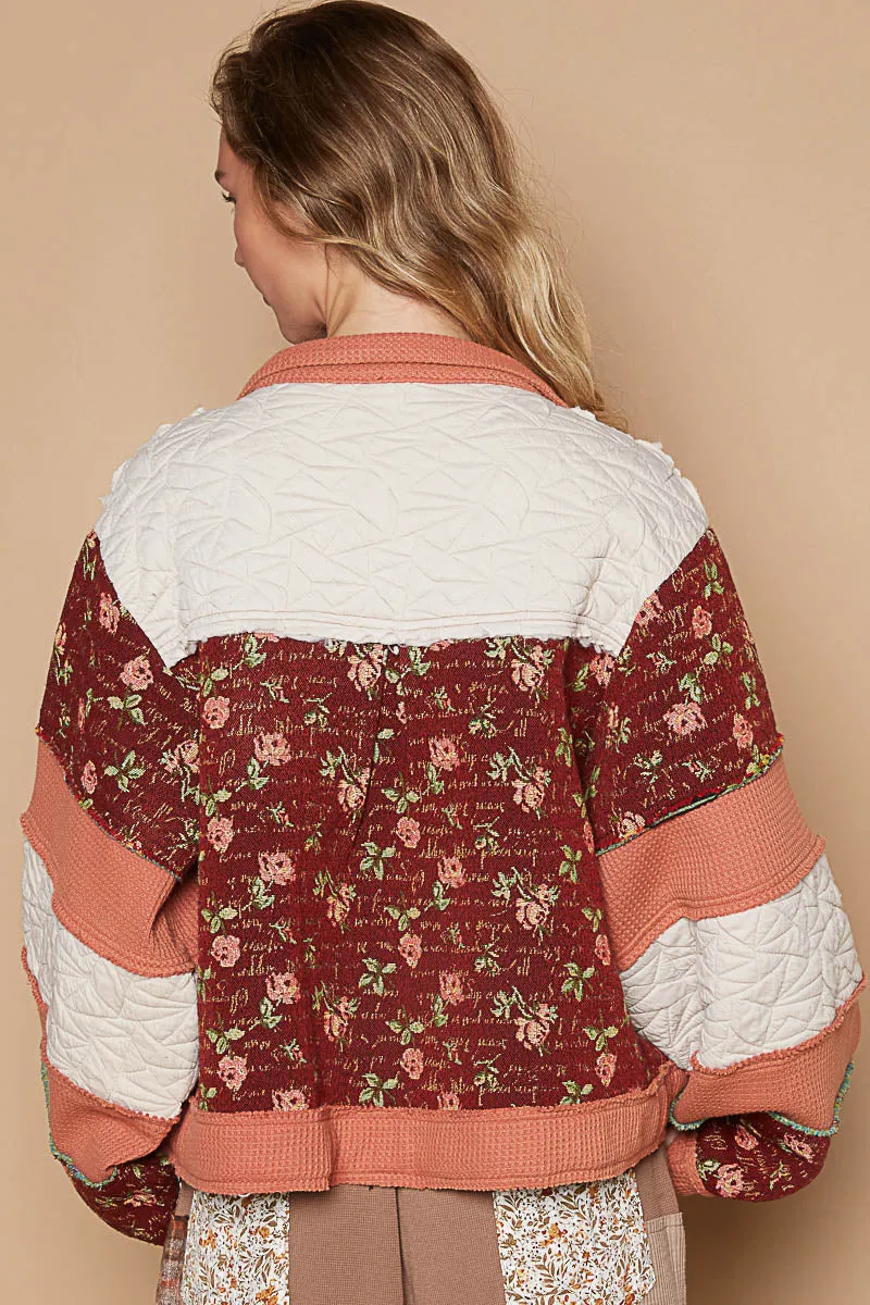 Burgundy Flowers Long Sleeve Relaxed Fit Jacket