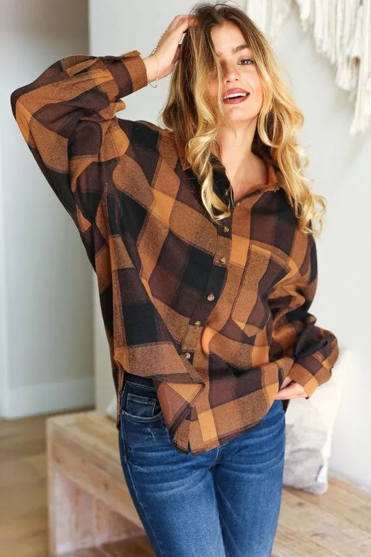 Camel & Charcoal Plaid Button Down Oversized Shacket