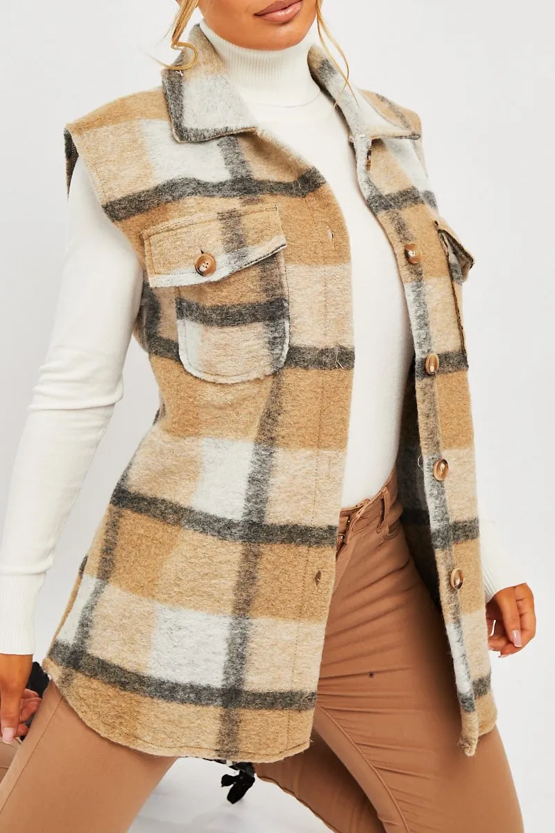 Camel Check Sleeveless Shacket - Brittanie