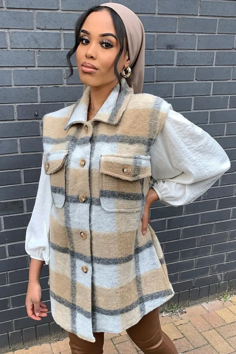 Camel Check Sleeveless Shacket - Brittanie