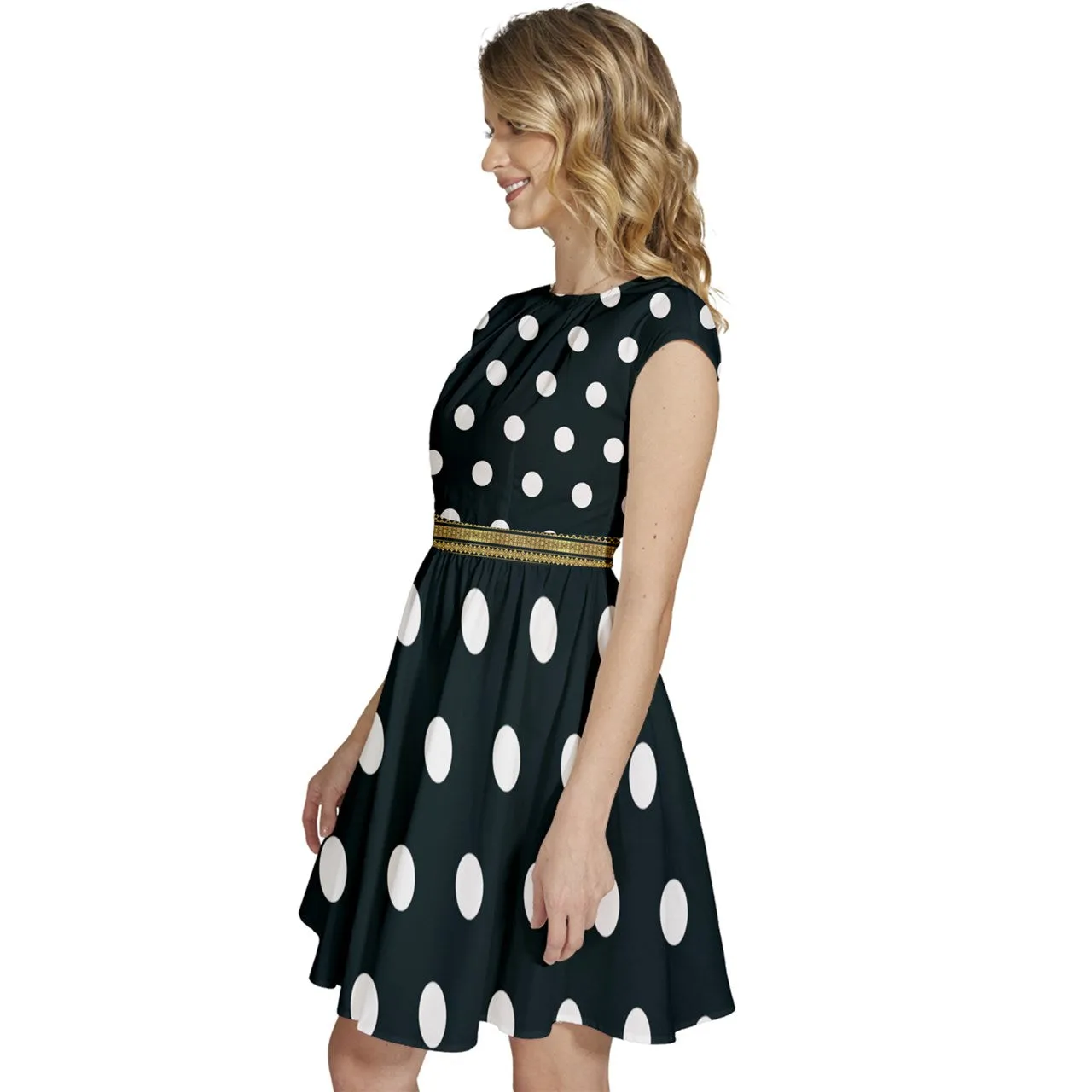 Cap Sleeve High Waist Dots Black Dress