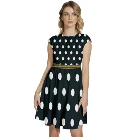 Cap Sleeve High Waist Dots Black Dress