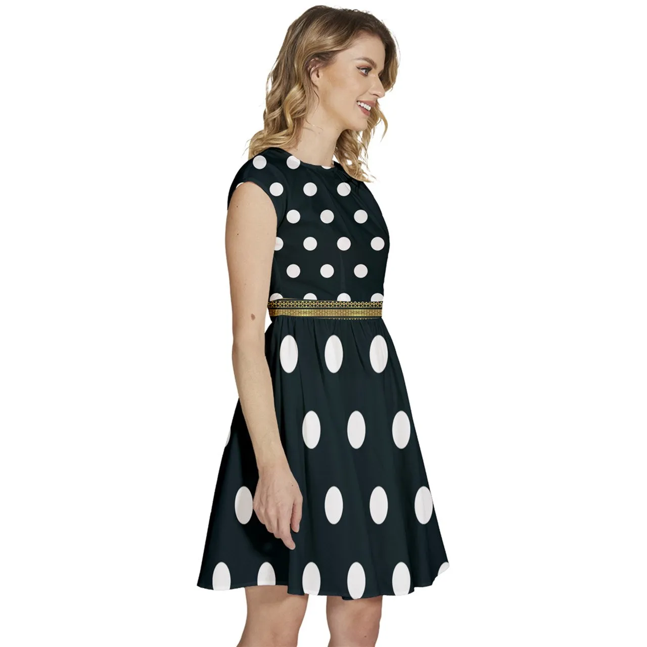 Cap Sleeve High Waist Dots Black Dress