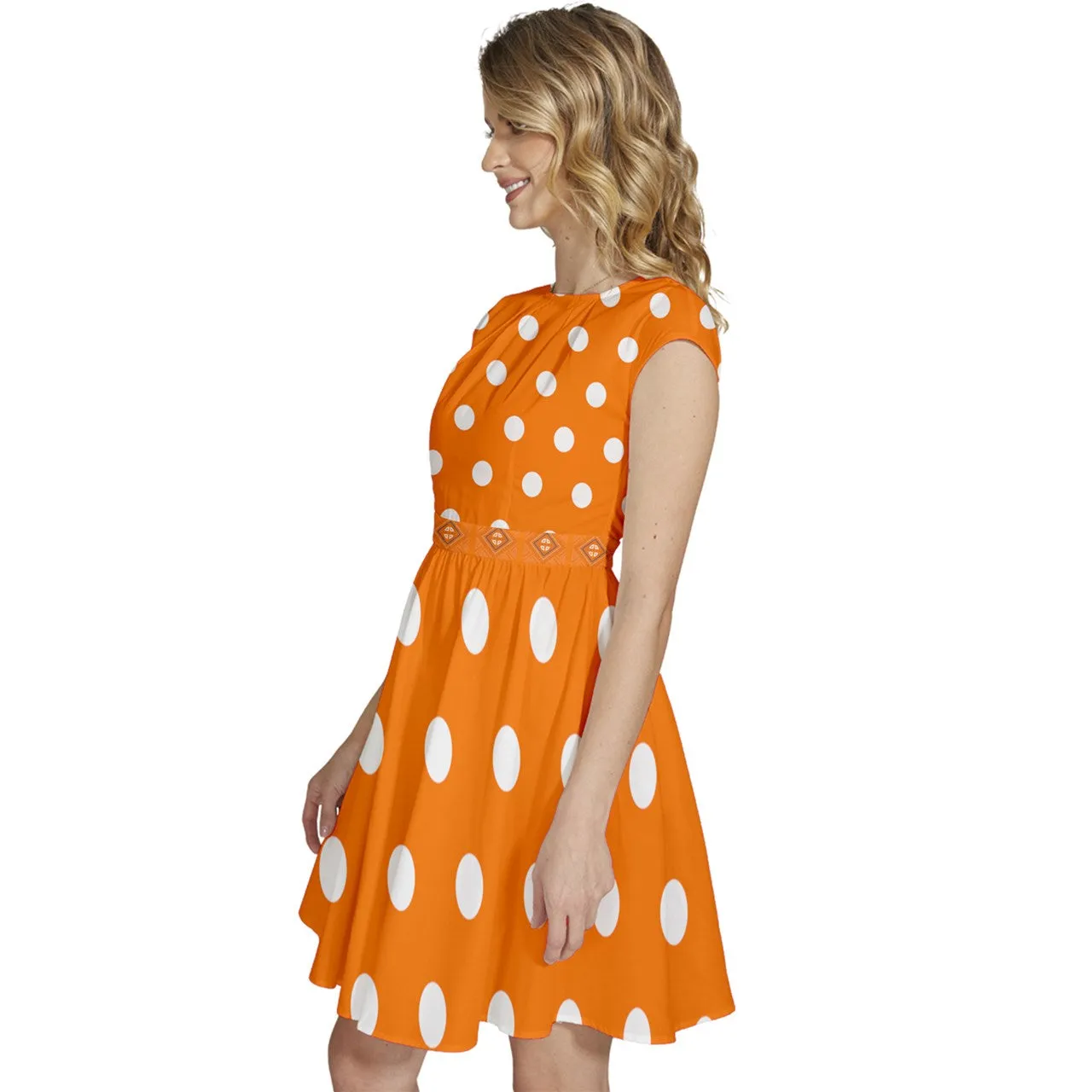 Cap Sleeve High Waist Dots Orange Dress