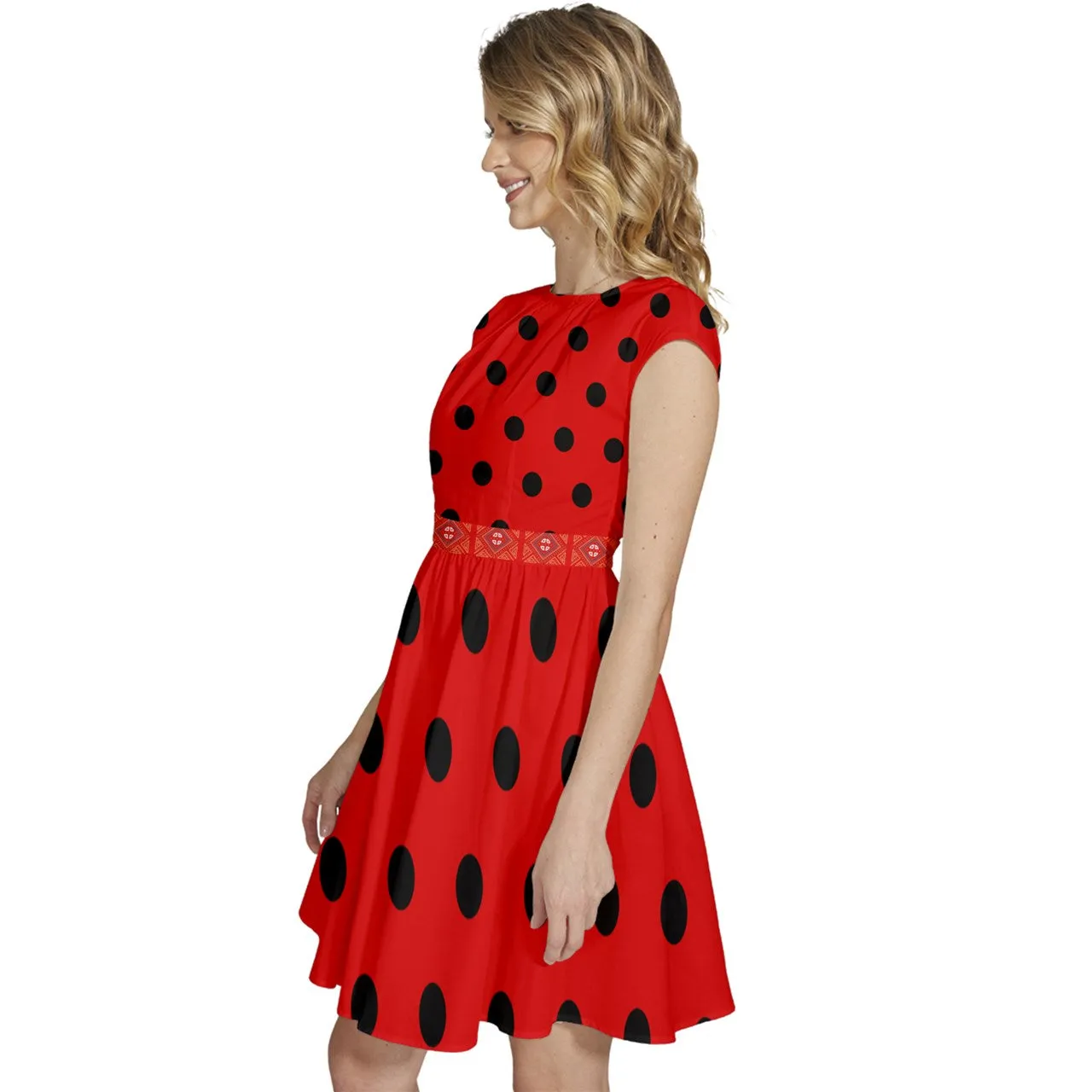 Cap Sleeve High Waist Dots Red Dress