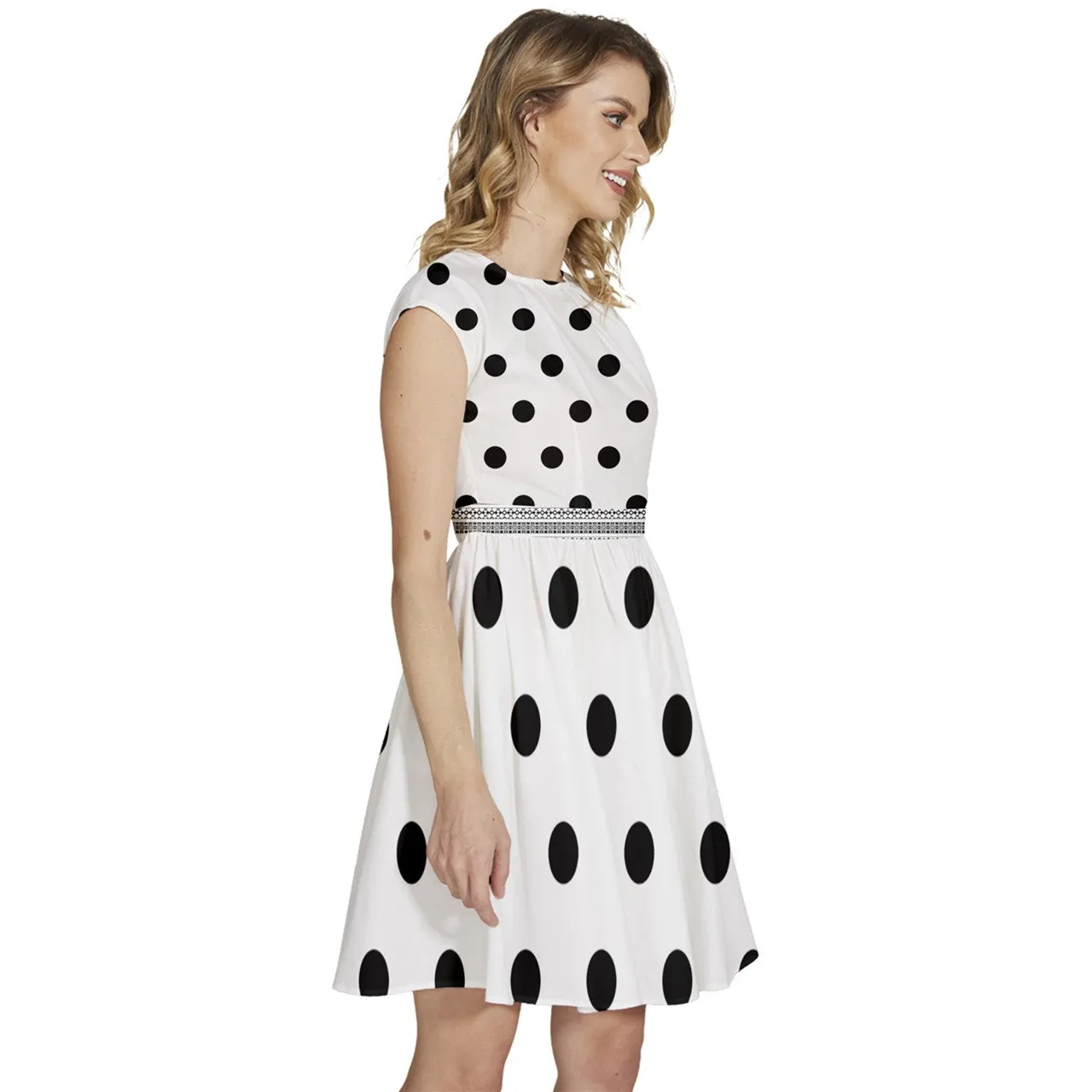 Cap Sleeve High Waist Dots White Dress