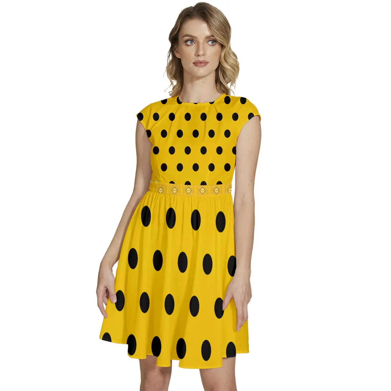 Cap Sleeve High Waist Dots Yellow Dress