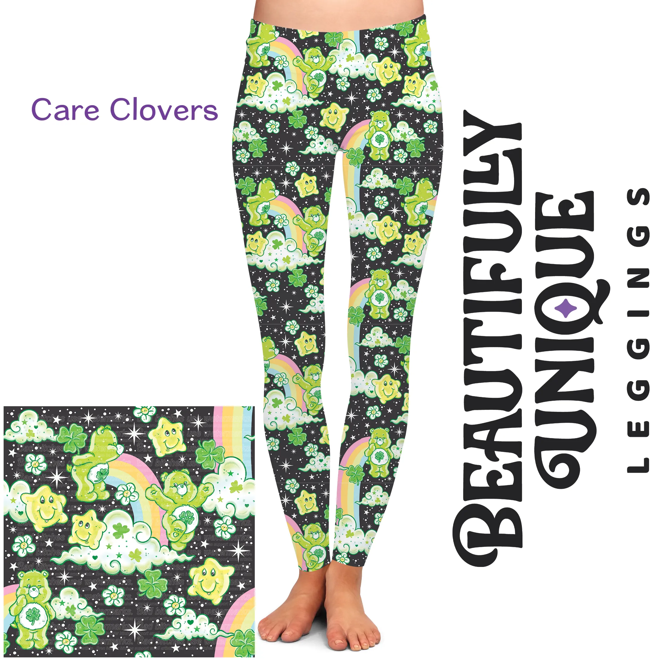 Care Clovers (Semi-Exclusive) - 1980s Cartoon Shamrock St Patrick's Day Green High-quality Handcrafted Vibrant Leggings