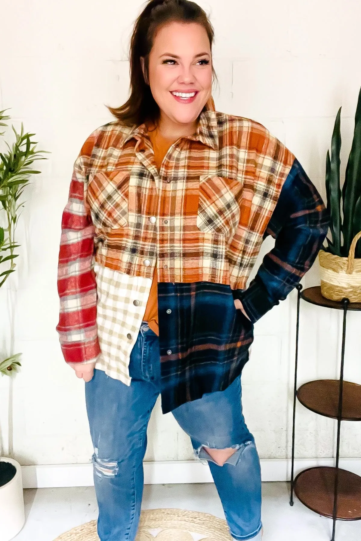 Catch Glances Muticolor Plaid Color Block Snap Button Shacket (Open Pack)