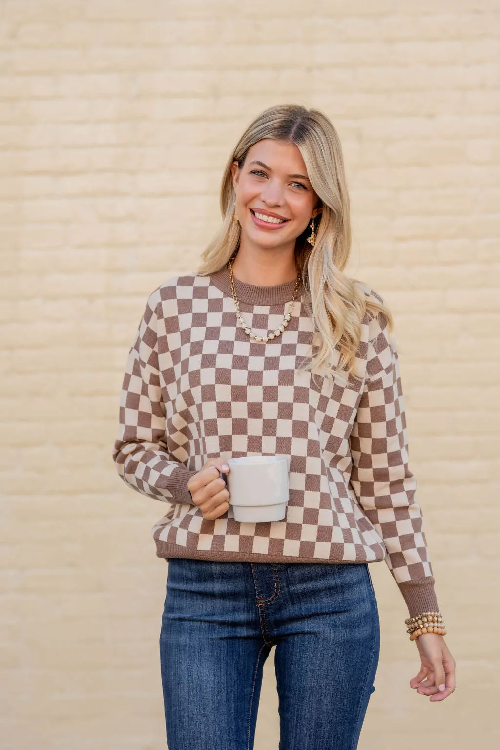 Checkered Ribbed Trim Sweater