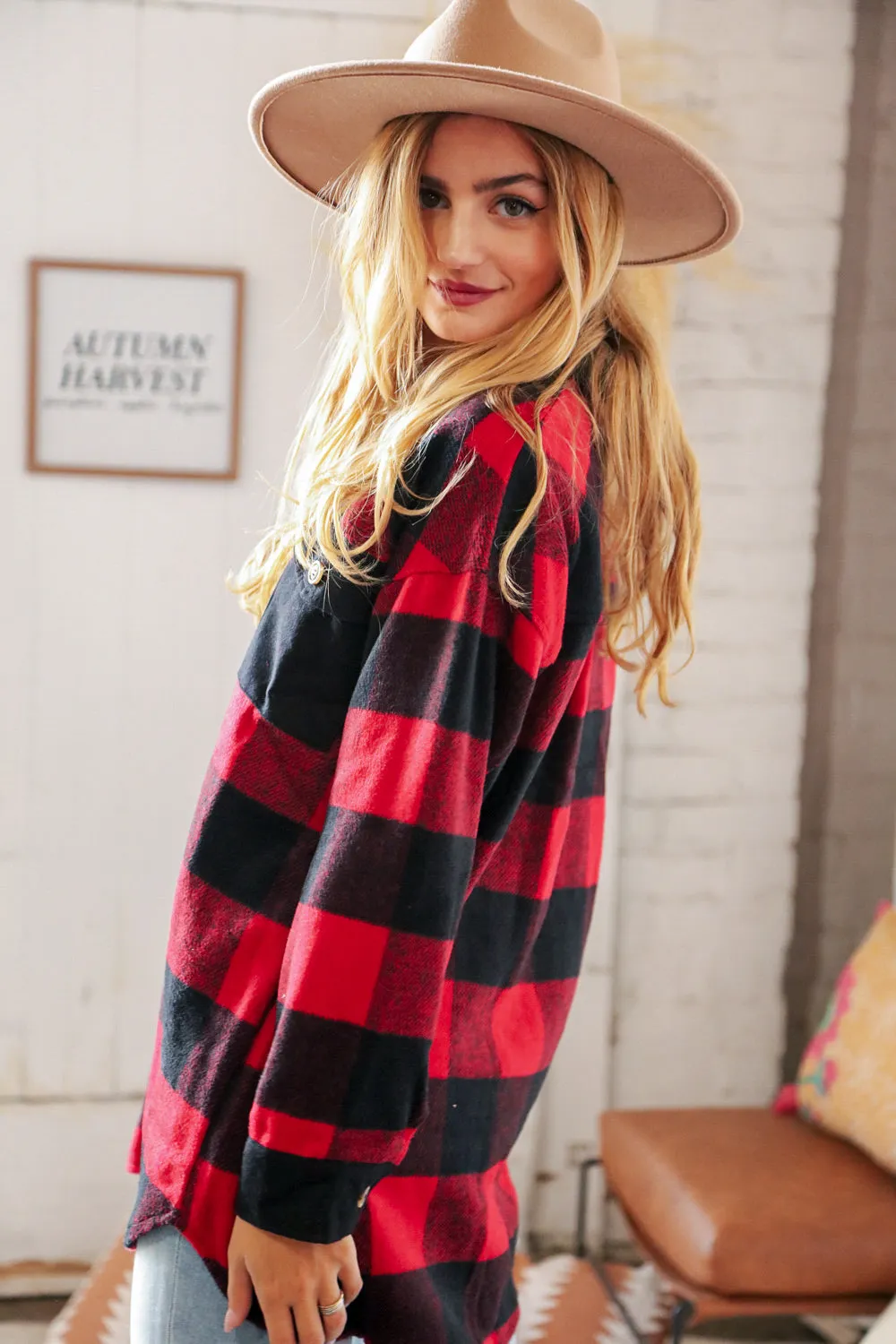 Christmas Red Flannel Plaid Button Down Shacket