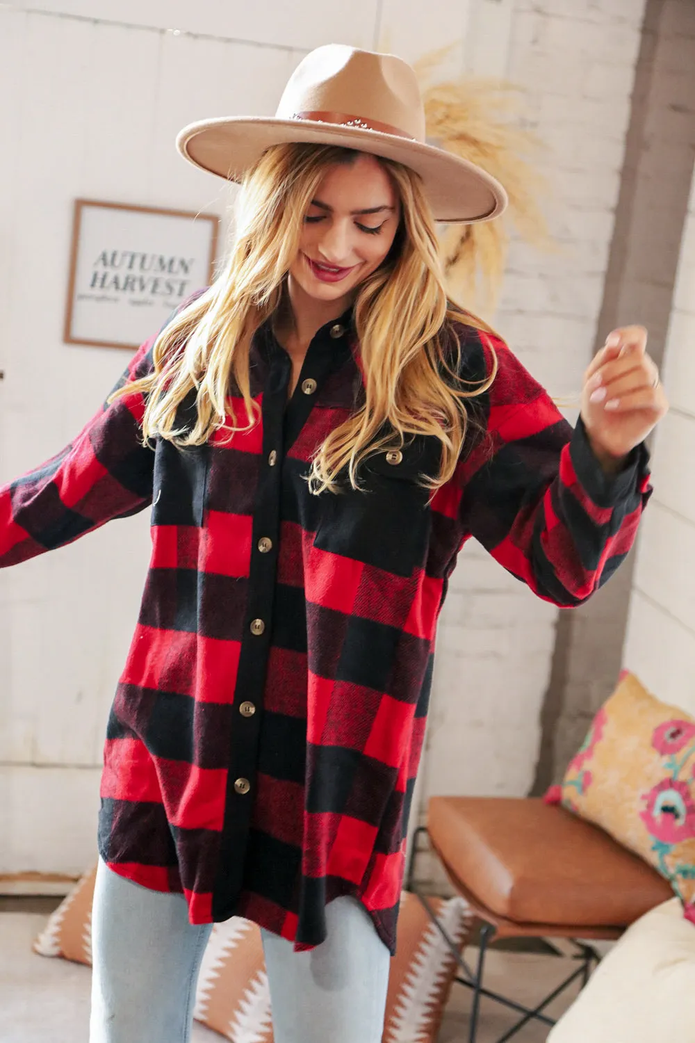 Christmas Red Flannel Plaid Button Down Shacket