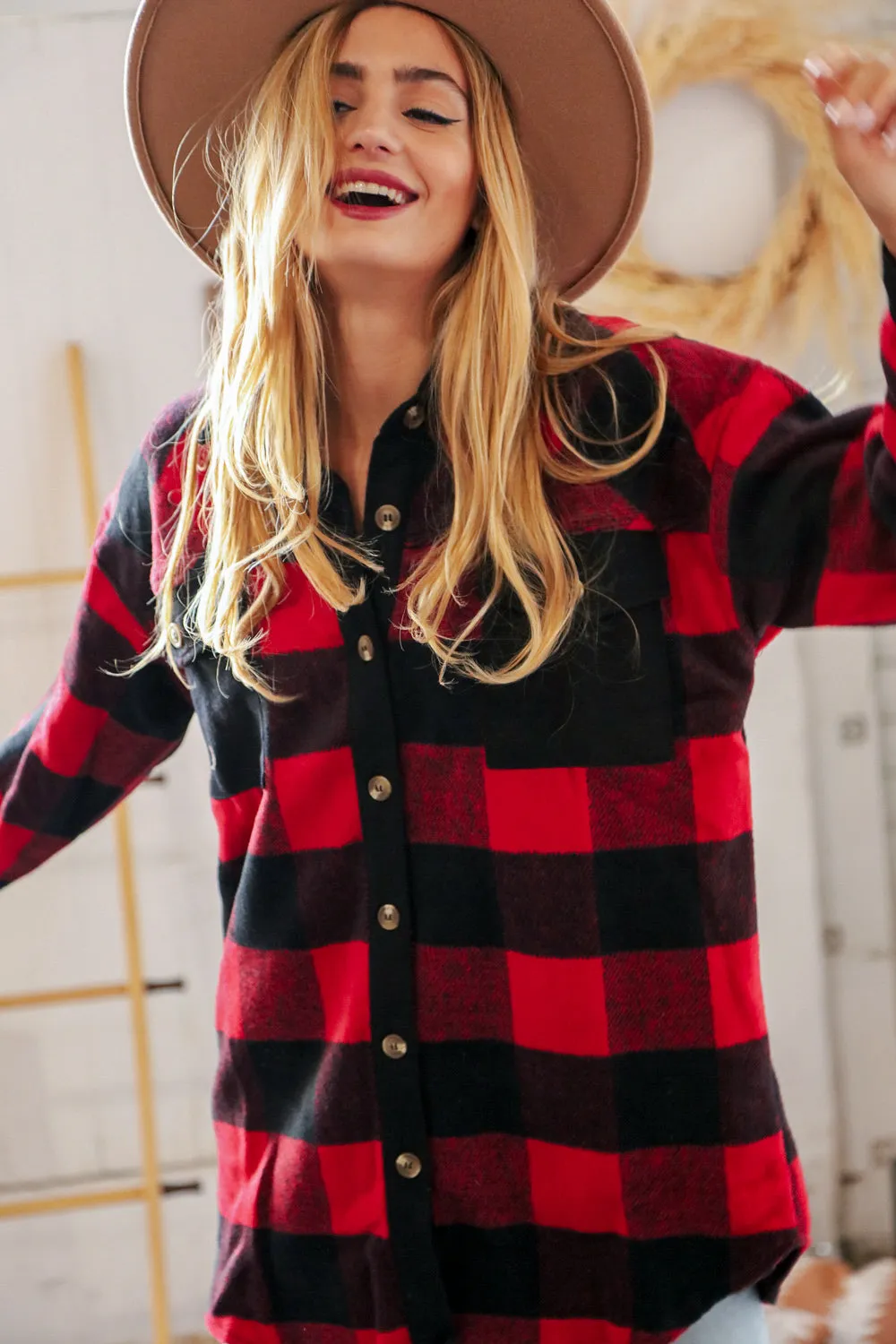 Christmas Red Flannel Plaid Button Down Shacket