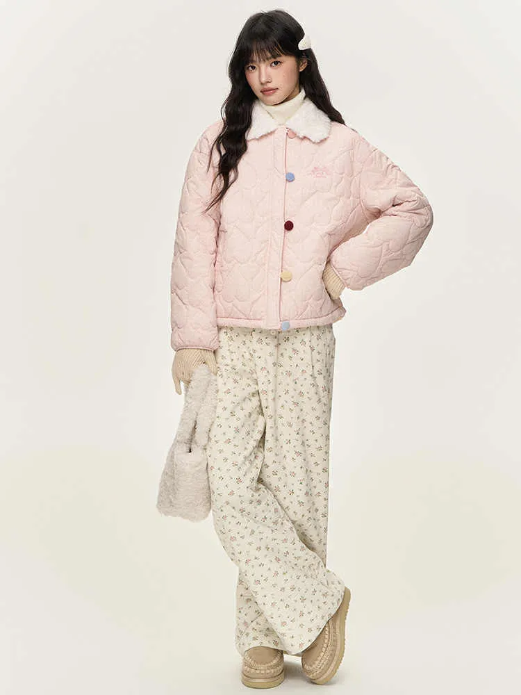 Colorful Button Fur Collar Quilted Jacket NTO0145