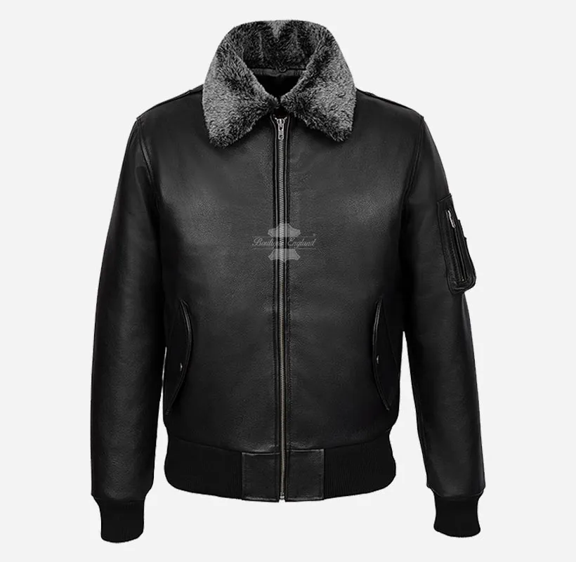 CRESTON Black Leather Flying Jacket Fur Collared Bomber Jacket