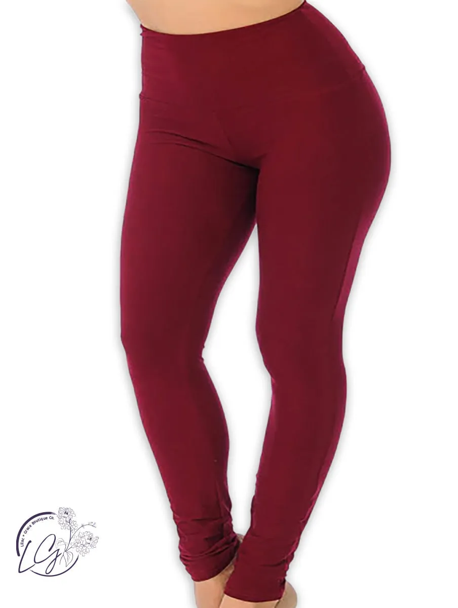 Curvy Buttery Soft Basic Solid High Waisted Legging in Burgundy