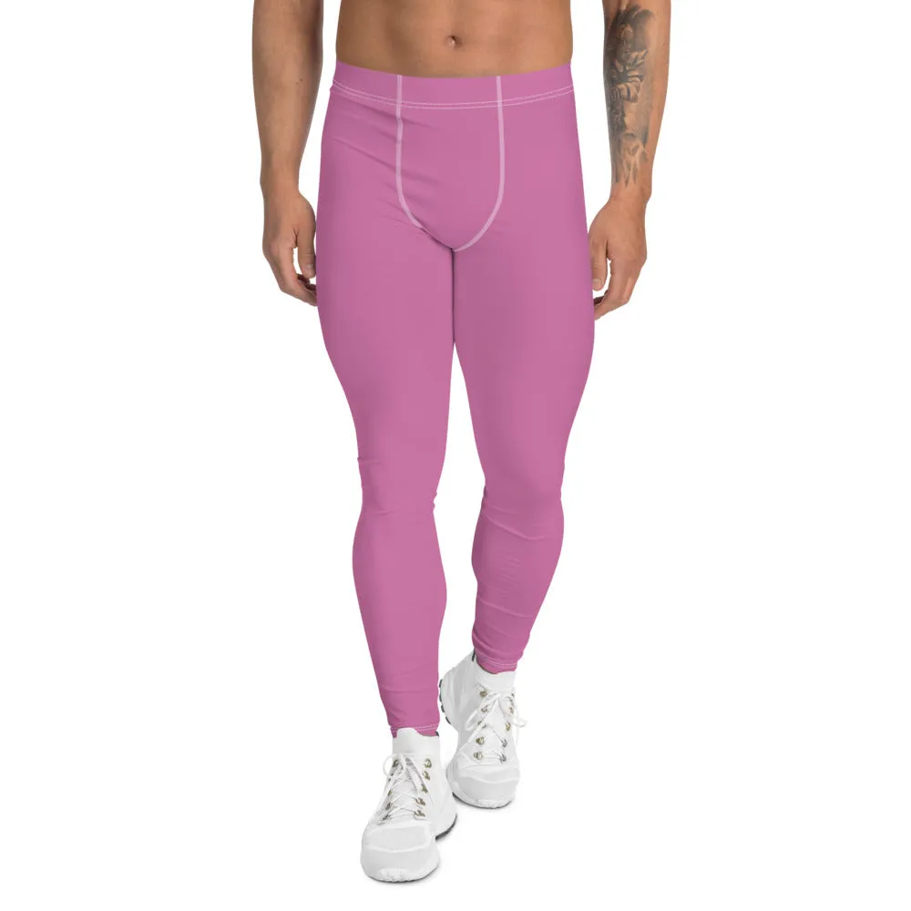 Cute Pink Men's Leggings, Modern Pastel Solid Color Meggings Run Tights-Made in USA/EU