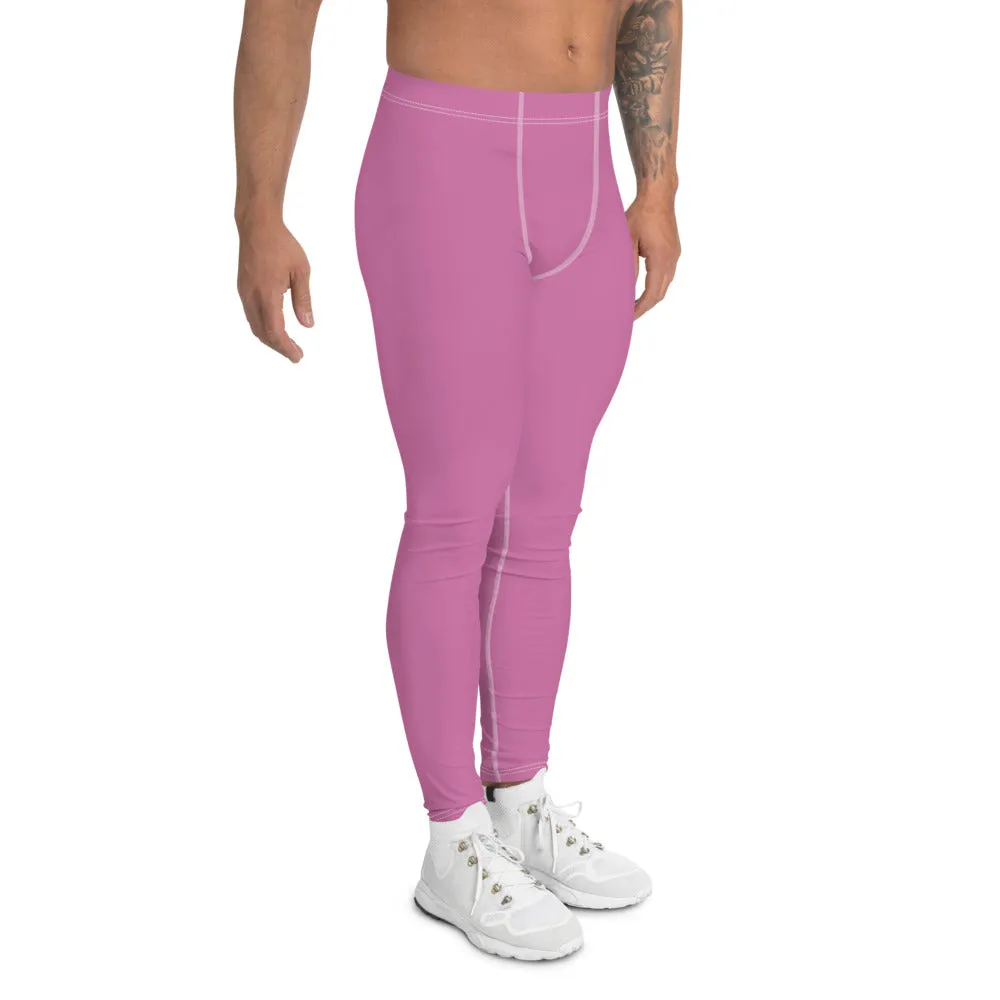 Cute Pink Men's Leggings, Modern Pastel Solid Color Meggings Run Tights-Made in USA/EU