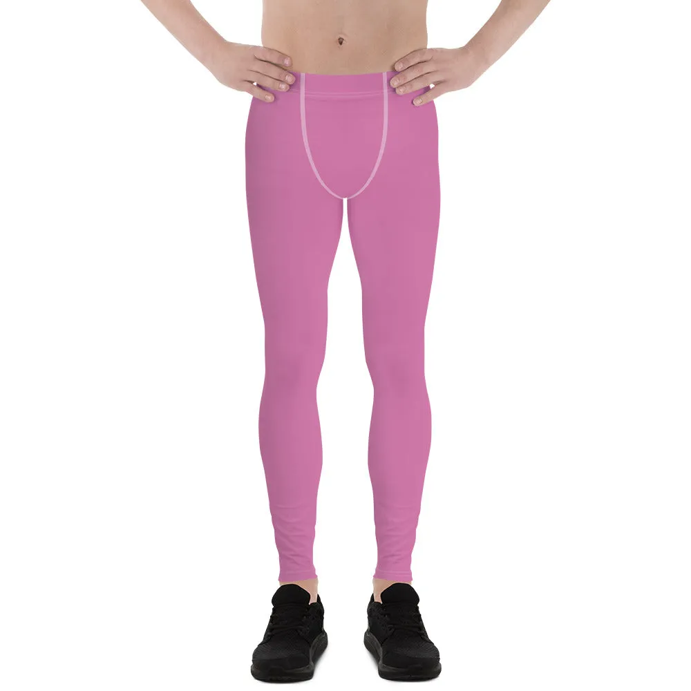 Cute Pink Men's Leggings, Modern Pastel Solid Color Meggings Run Tights-Made in USA/EU