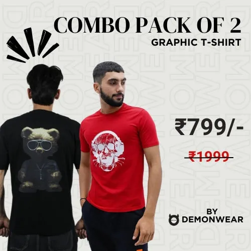 Demon Wear's Headphone skull "Teddy" Graphic Puff T-Shirt Combo Pack of 2 for Him