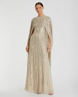 Embellished Beaded Column Cape Gown