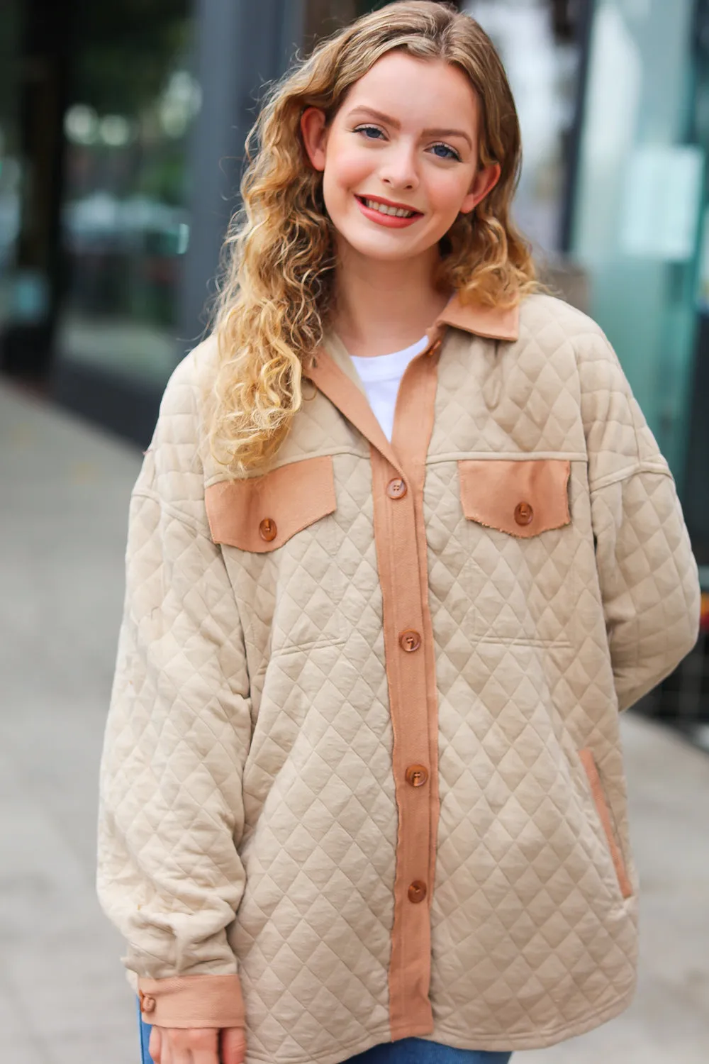 Eyes On You Taupe Quilted Knit Button Down Shacket (Open Pack)