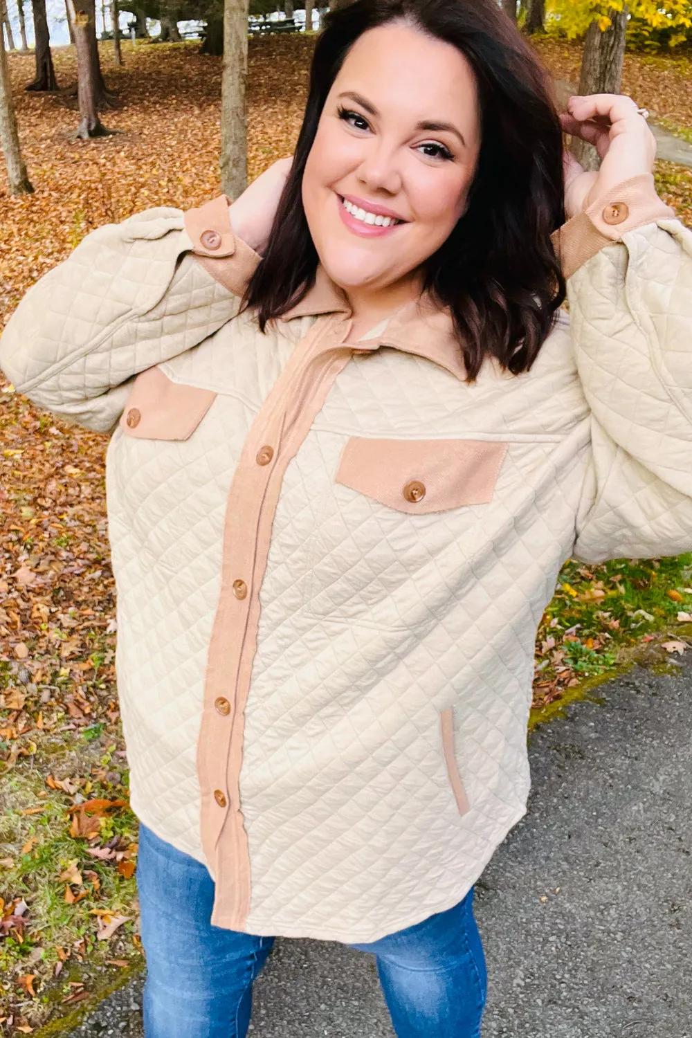 Eyes On You Taupe Quilted Knit Button Down Shacket (Open Pack)