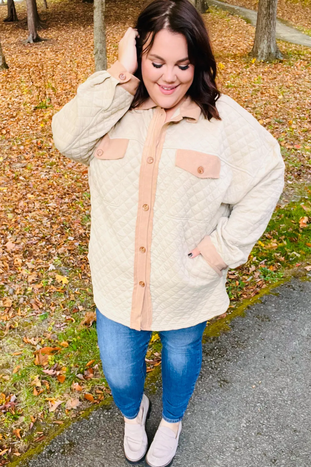 Eyes On You Taupe Quilted Knit Button Down Shacket (Open Pack)