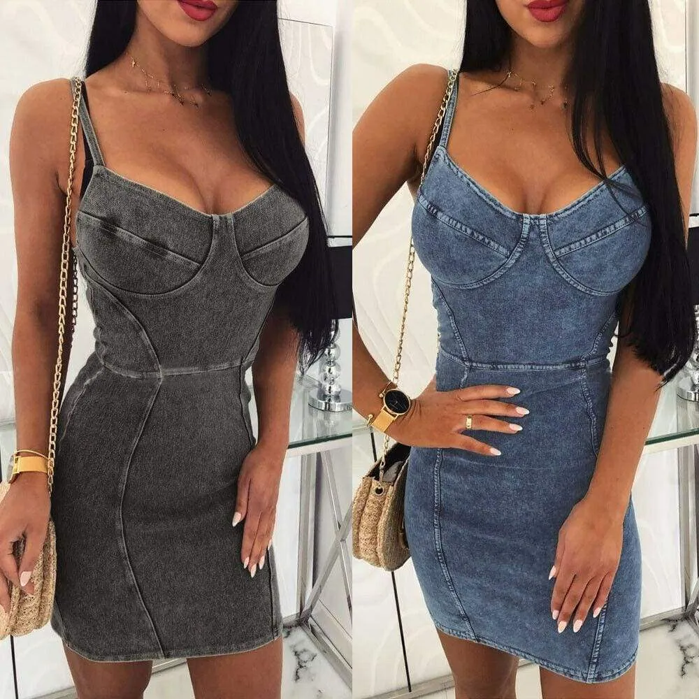 FashionSierra - New Women's Denim Bodycon Bandage Short Mini Dress Sexy Ladies Sleeveless Summer Cocktail Club Holiday Sundress