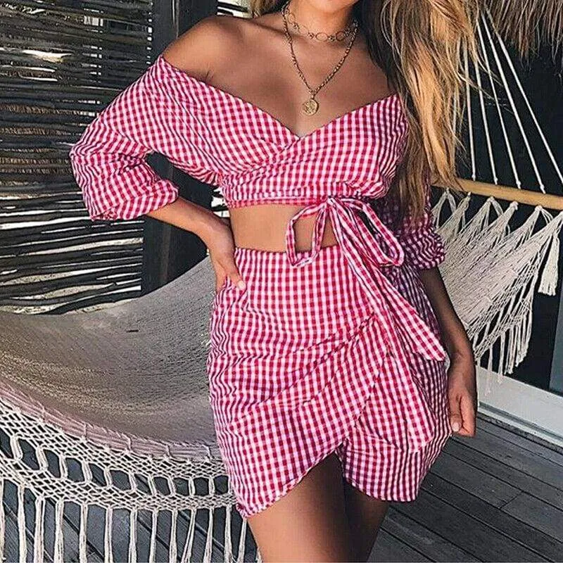 FashionSierra - Women 2 Piece Plaid Crop Top Bodycon Skirt Summer Beach Party Mini Dress